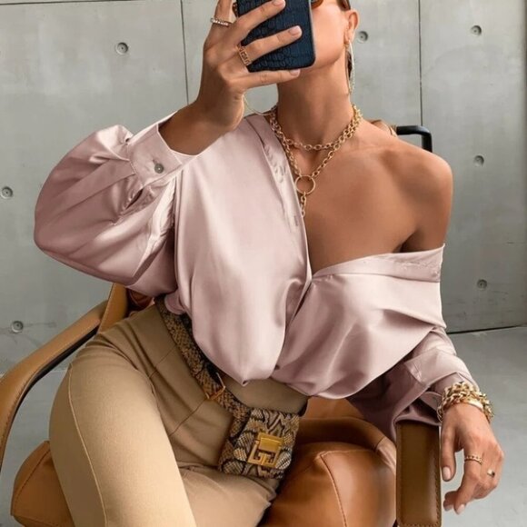 Button down Bishop Sleeve Shirt Blouse Dusty Pink - Picture 1 of 6